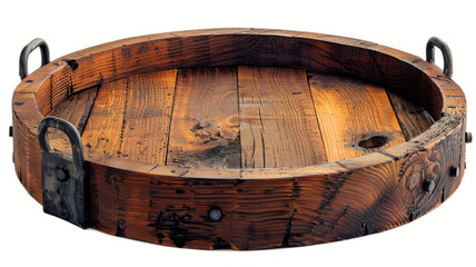 Fototapeta premium Wooden round tray with metal handles.
