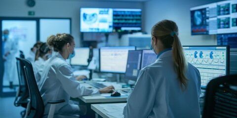 Obraz premium A monitoring room with medical staff observing screens in a hospital, depicting healthcare technology