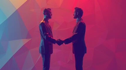 Two businessmen in polygonal and lowpoly style shaking hands making a deal. Concept of partnership or business agreement. Generative ai hyper realistic