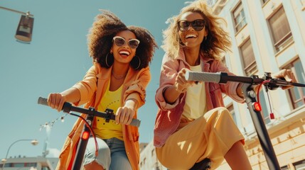 Two joyful women on electric scooters hyper realistic 