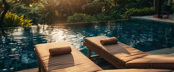 Fototapeta premium Brown Chaise Lounges At A Private Pool Villa. With Copy Space , Background