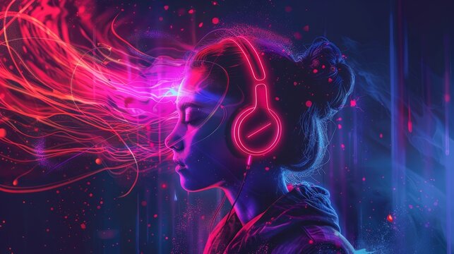 Vibrant person with headphones and flowing neon abstract lines portraying a music or audio theme. Person in earphones with abstract red light streams and dots. hyper realistic 