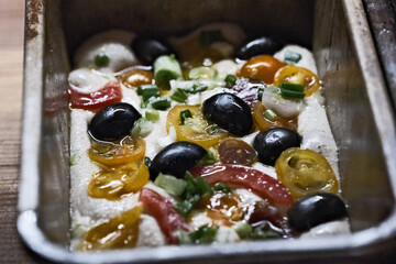 close-up to focaccia on mold