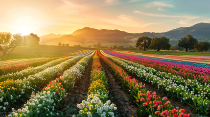 A picturesque flower field, ablaze with vivid blooms, illuminated by the gentle hues of dusk.