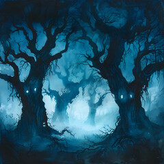 Halloween background with creepy tree and landscape of night sky fantasy forest.