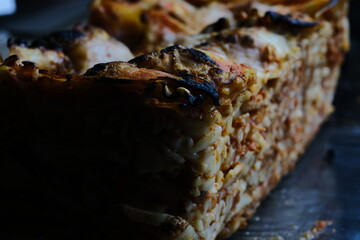 close-up to baked lasagne out of the mold