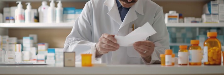 A professional pharmacist is focused on reading a prescription amidst various medicine bottles