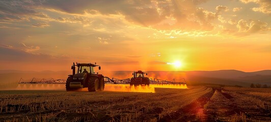 Obraz premium Agricultural sprayers applied at the end of the day with a beautiful sunset.
