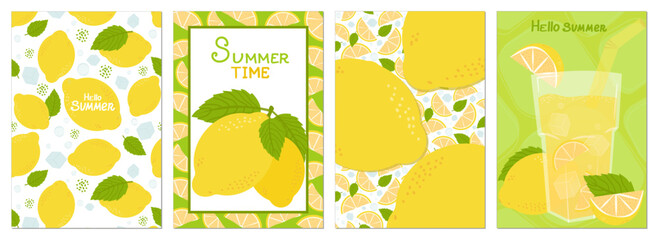 Set of summer cards, posters with lemon. Vector illustration isolated on white background. For poster, card, scrapbooking, stickers