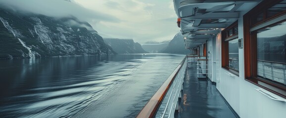 Fototapeta premium Fjord View On A Cruise Ship. With Copy Space , Background