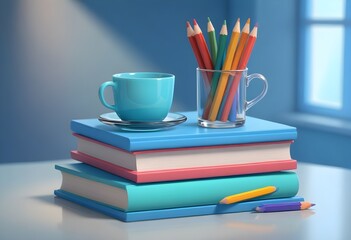 a stack of books with pencils and a cup of tea on top of them