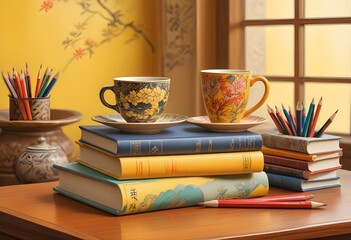 a stack of books with pencils and a cup of tea on top of them