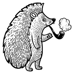 hedgehog with smoking pipe sketch engraving PNG illustration. T-shirt apparel print design. Scratch board imitation. Black and white hand drawn image.