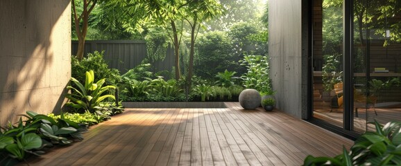 Modern Contemporary-Style Small Wooden Terrace In A Lush Garden With House Interior. With Copy Space , Background