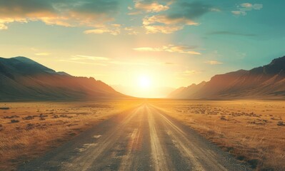 Fototapeta premium A road leading to the horizon, mountains in background,
