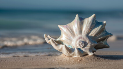 Obraz premium Large handcrafted glazed porcelain ceramic Conch seashell positioned on a sandy summer beach near the ocean waves, artistic still life representing man made art and the real beauty of nature.