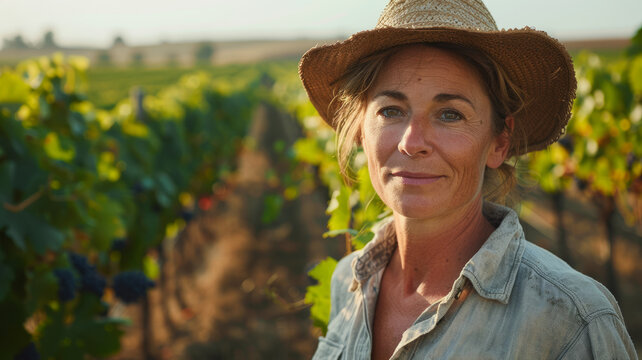 Woman smiling in a vineyard.