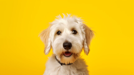 dog puppy cute looking towards camera on yellow background - Powered by Adobe