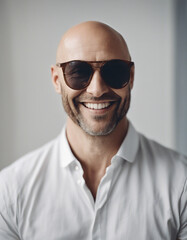 Obraz premium Portrait of a happy bald man smiling and wearing sunglasses at the camera on a white background 