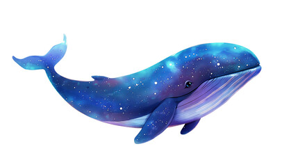 A cute cartoon blue fairy tale fantasy whale, transparent background