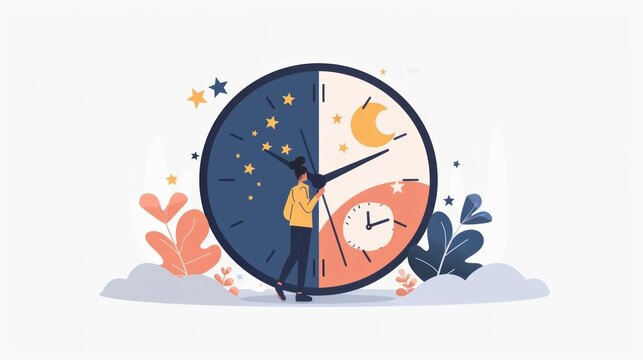 Person near clock, changing day and night circle, day and might routine, circadian rhythm, time for rest and work concepts
