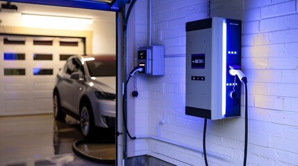 A custombuilt electric vehicle charging station in a residential garage, showing a DIY setup with advanced technology