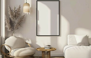 Poster mockup on the living room wall. Modern interior design in Scandinavian style