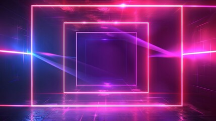 "Futuristic Neon Techno Lines: Abstract Background Template with Glowing Square Shapes. Vector Illustration."