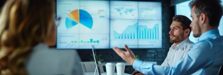 A business team with two men and a woman engaged in discussion over charts and graphs on multiple monitors