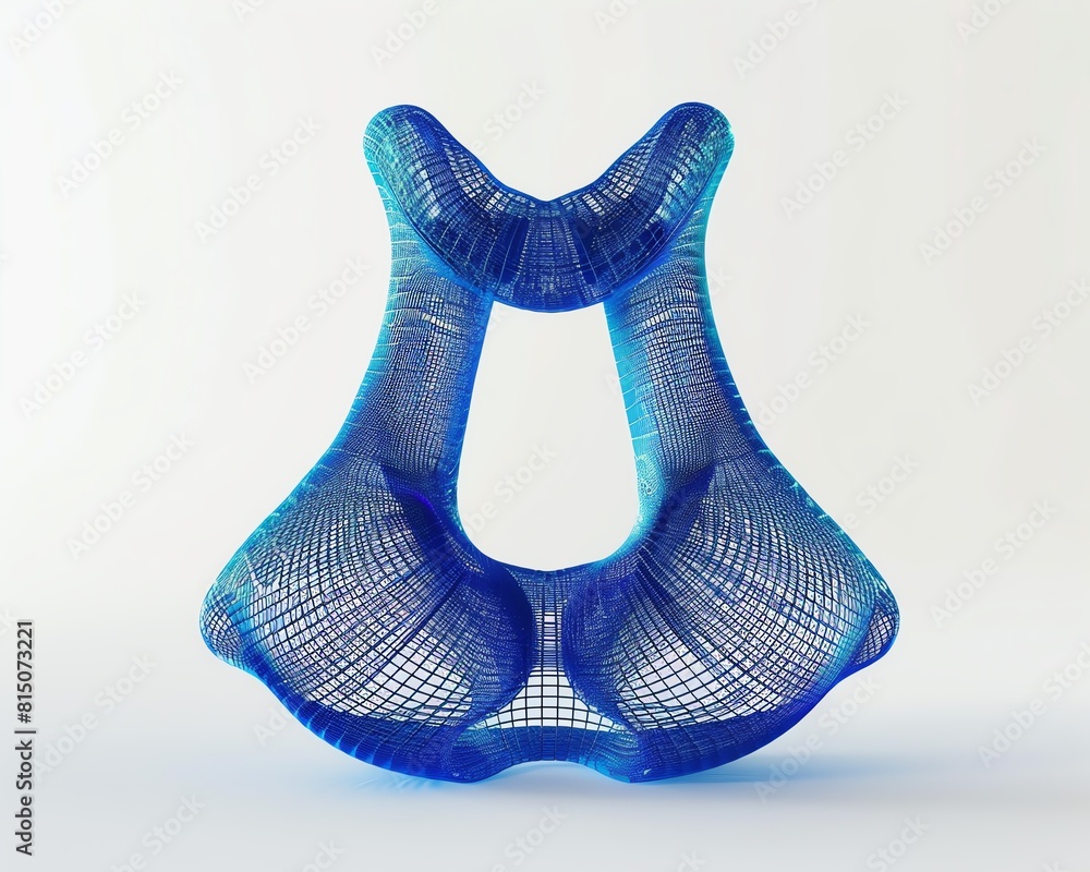 Poster blue translucent 3d rendering of a complex organic form with a lattice structure.