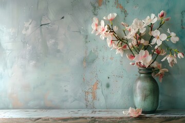 Pink flowers in a vase on a wooden board. A patinated wall in the background. © LUBKA