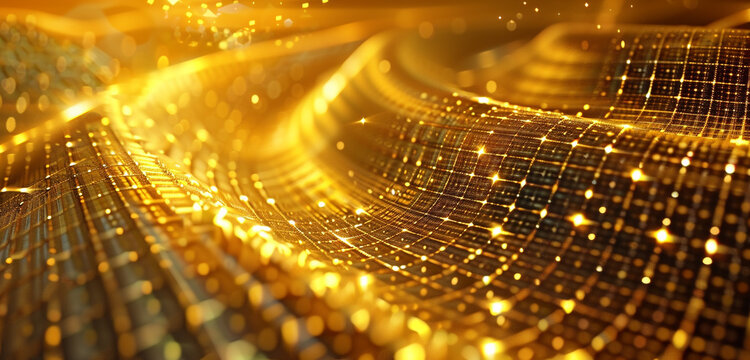 Captivating golden fractal grid, unfolding beautifully, suited for immersive visual designs.