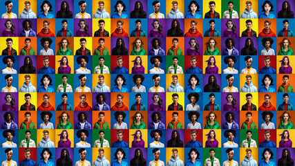 collage of happy people, young guys and girls of different races on a colorful background