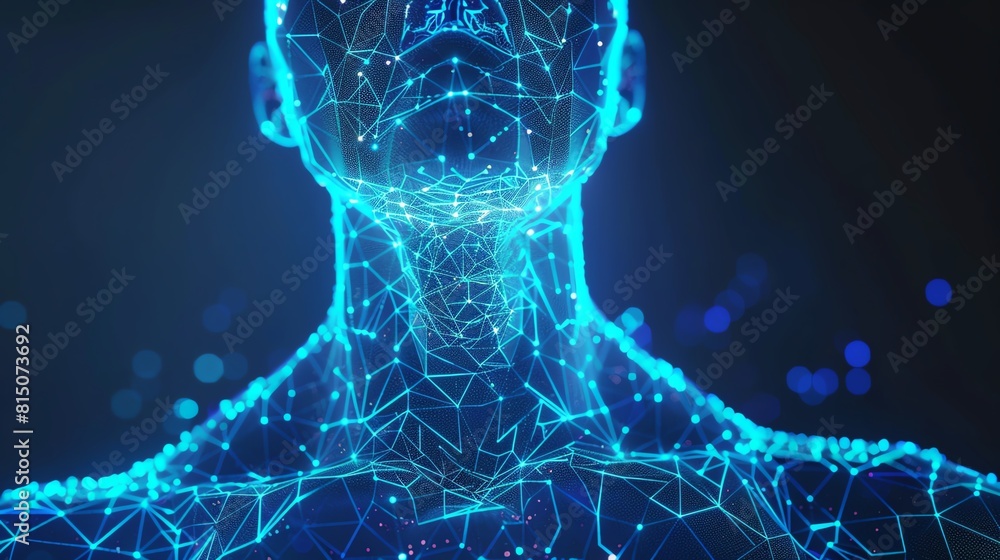 Poster generate a 3d rendering of a human body made of blue glowing lines. the body should be in a standing
