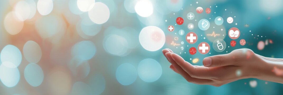 A hand seemingly interacts with floating healthcare icons, creating a concept of modern health management amid glowing bokeh lights