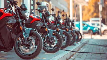 A group of electric motorcycles charging at a specialized power supply station, focusing on alternative electric transportation