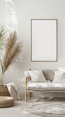 Modern Living Room Design with Blank White Wall Frame Generative AI