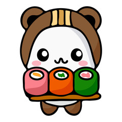 Naklejka premium A cute cartoon bear character holding sushi rolls