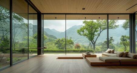 The modern Chinese style house has large floor-to-ceiling windows, wooden floors and sofas on the ground, with green mountains outside the window.
