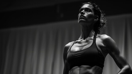 Naklejka premium Fit woman with six pack abs posing confidently in a sports bra