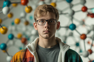 Focused young male student in front of a molecular structure, academic study concept