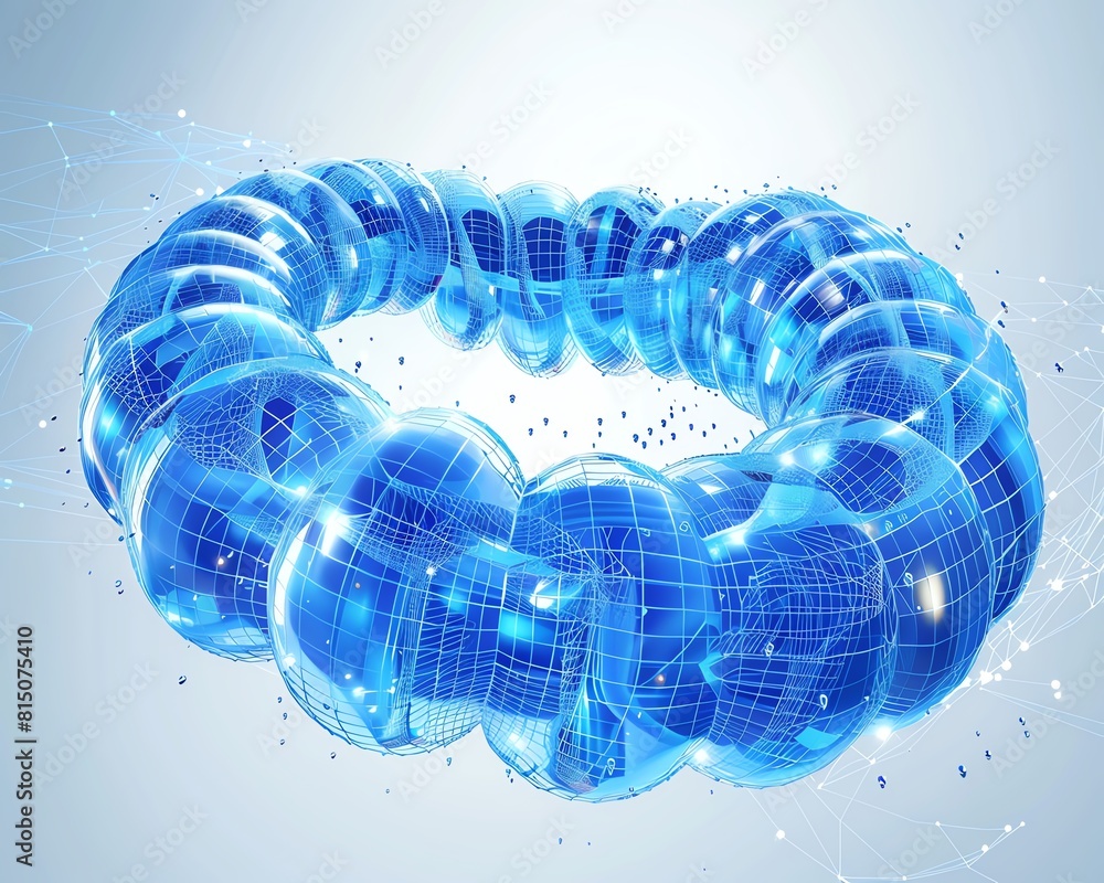 Poster a 3d rendering of a blue torus made of glass-like material with a glowing white light inside. the to