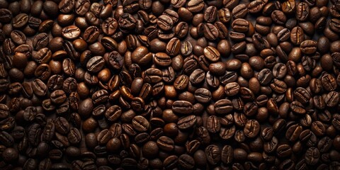 Obraz premium Coffee bean pattern. Hot drink concept with copyspace for text. Roasted mocha grain texture. Dark aromatic espresso background. Brown seed ingredient