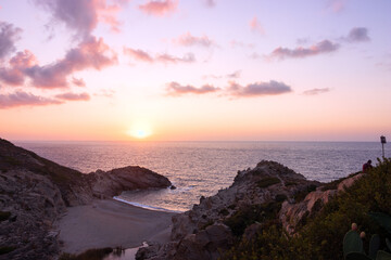 Gorgeous Nas beach with canyon and Chalares river bed at sunset, Ikaria, Greece	