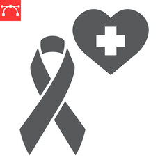 Hope for recovery glyph icon, aids and disease, awareness ribbon with heart cross vector icon, vector graphics, editable stroke outline sign, eps 10.
