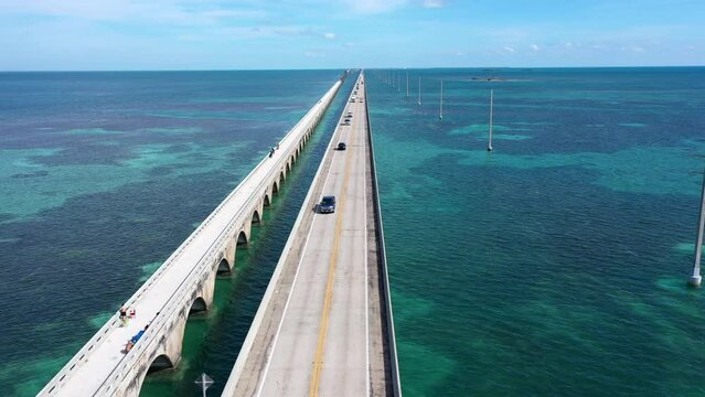 Aerial shot of the Seven Mile Bridge in Florida which connects several of the Florida Keys on the way to Key West