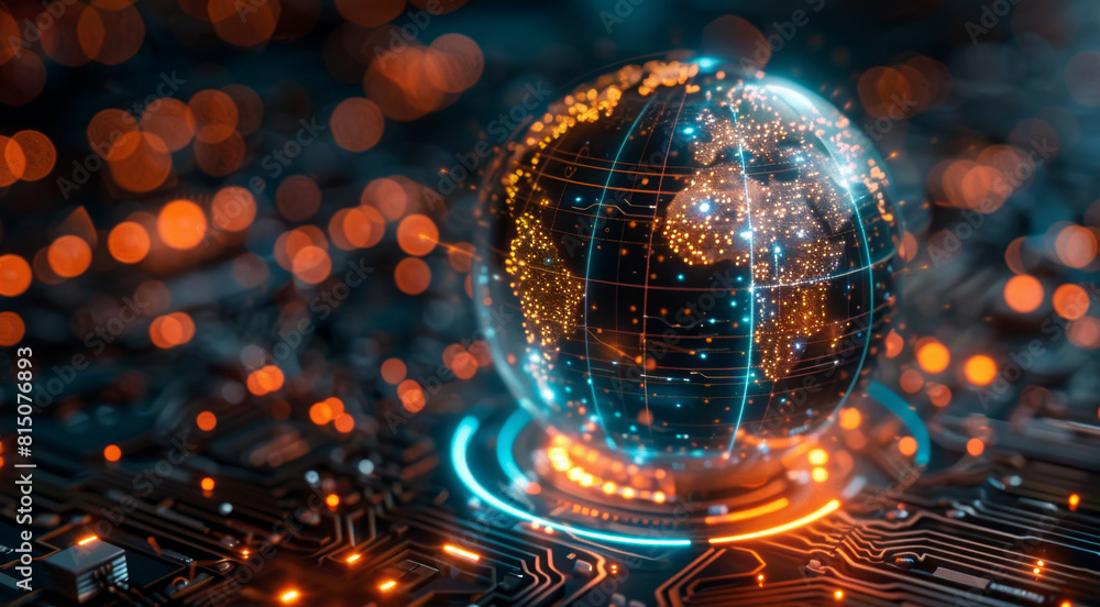 Poster a globe resting on a circuit board, symbolizing technology and global connectivity.