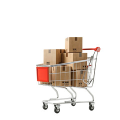 Trolley shopping cart grey packing boxes isolated on transparent background online Sale and shopping concept
