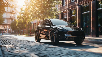 A black EV luxury SUV drives along a sunny road. Electric car in the street of a city hyper realistic 