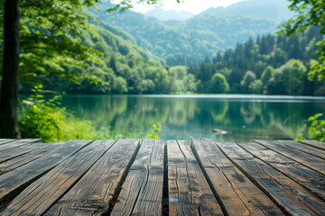 A wooden table with a lake background